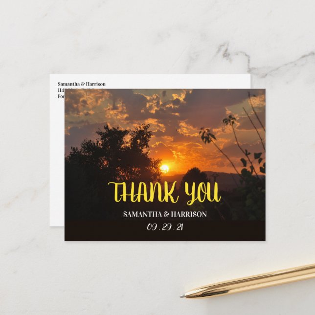 Evening Sunset Scene, Rustic Wedding Thank You Postcard (Front/Back In Situ)