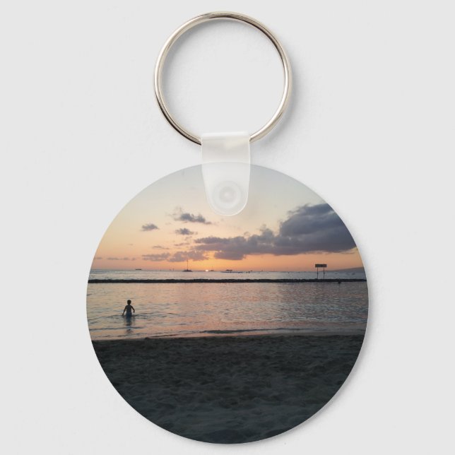 Evening Sunset Tropical Beach Waikiki Oahu Hawaii Keychain (Front)