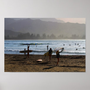 Evening Surfers, Hanalei Bay, Kauai Poster