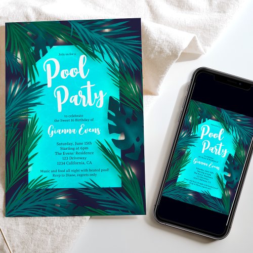 Evening Tropical palm lights pool party Sweet 16 Invitation