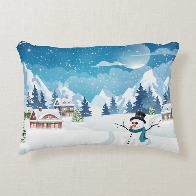Evening village winter landscape with snow covered accent pillow (Front)