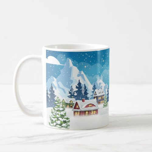 Evening village winter landscape with snow covered coffee mug