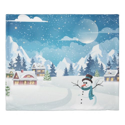 Evening village winter landscape with snow covered duvet cover