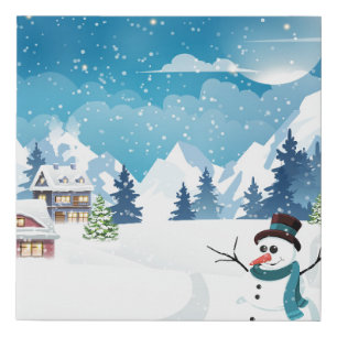 Evening village winter landscape with snow covered faux canvas print