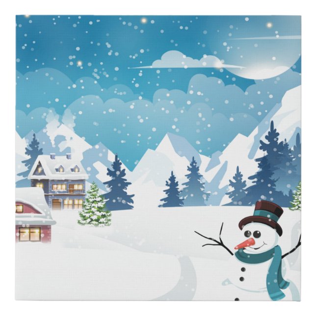 Evening village winter landscape with snow covered faux canvas print (Front)