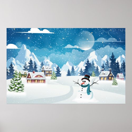 Evening village winter landscape with snow covered poster