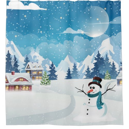 Evening village winter landscape with snow covered shower curtain