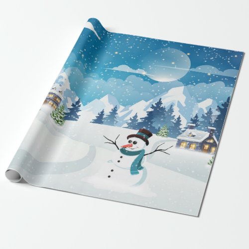Evening village winter landscape with snow covered wrapping paper