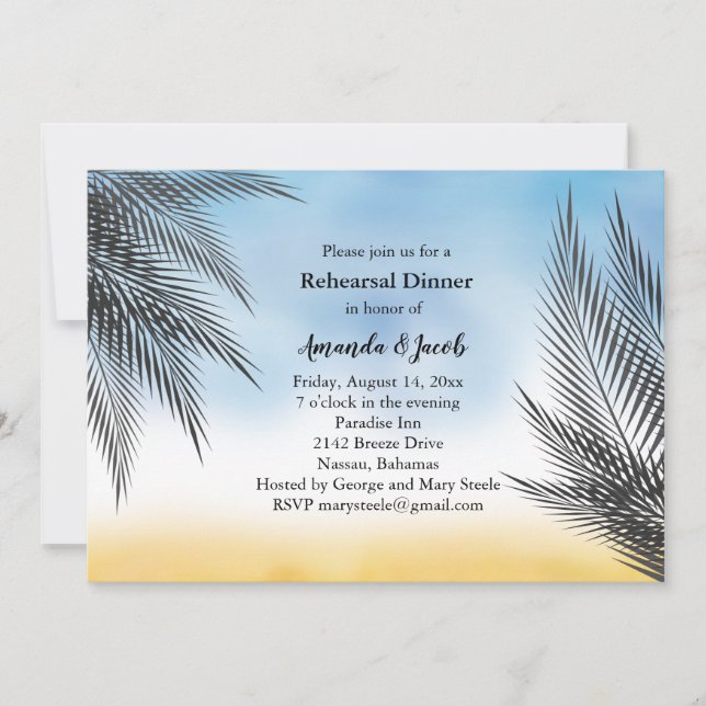 Evening Watercolor Palm Leaves Rehearsal Dinner Invitation (Front)