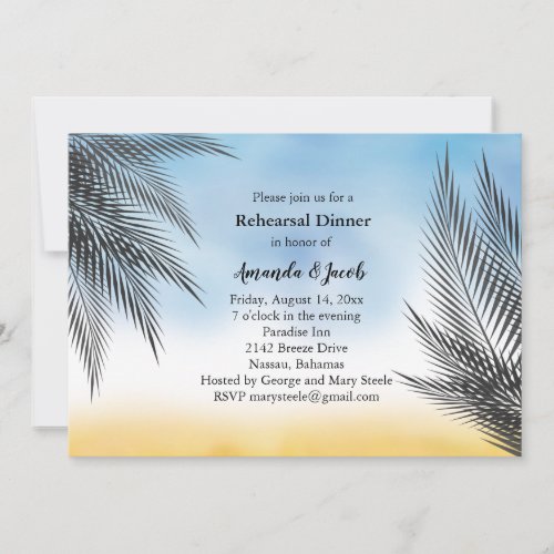 Evening Watercolor Palm Leaves Rehearsal Dinner Invitation