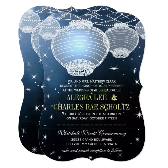 evening wedding navy paper lantern under the stars invitation