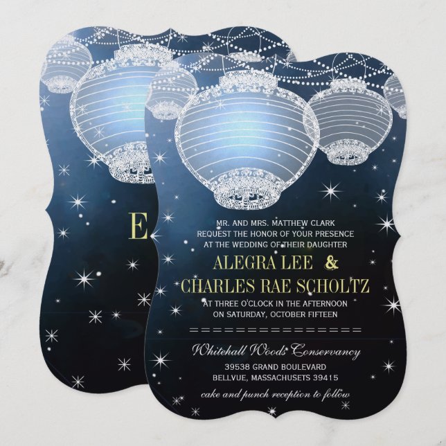 Evening Wedding Navy Paper Lantern Under the Stars Invitation (Front/Back)