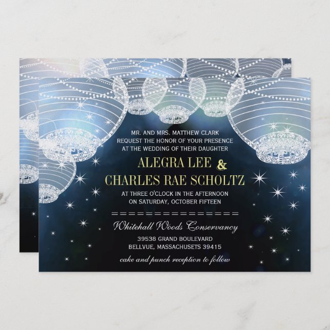 Evening Wedding Navy Paper Lantern Under the Stars Invitation (Front/Back)