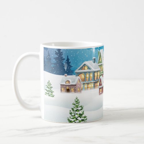 Evening winter village landscape with snow covered coffee mug