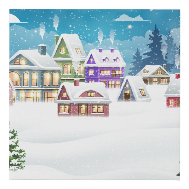 Evening winter village landscape with snow covered faux canvas print (Front)