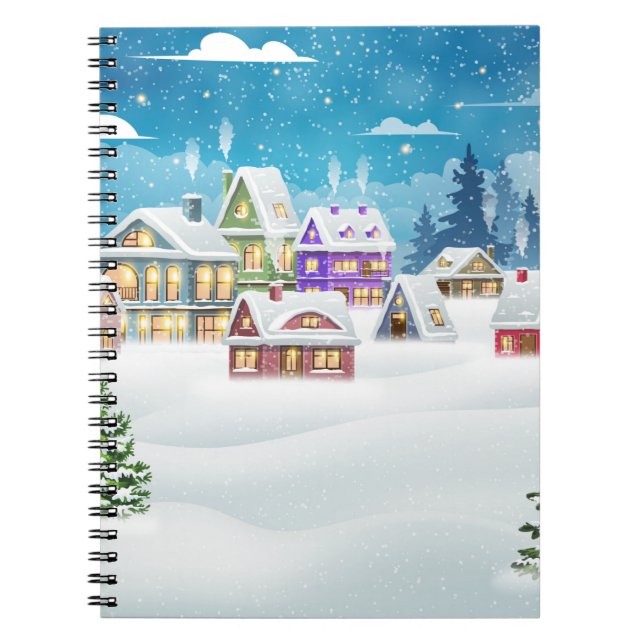 Evening winter village landscape with snow covered notebook (Front)