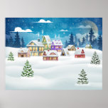 Evening winter village landscape with snow covered poster<br><div class="desc">Evening winter village landscape with snow covered house. Christmas holidays illustration
abstract, architecture, art, background, buildings, cabin, celebration, chalet, christmas, christmas tree, city, cityscape, cottage, december, decoration, forest, greeting, holiday, house, hut, vintage, retro, illustration, </div>