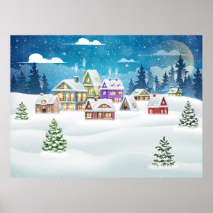 Evening winter village landscape with snow covered poster