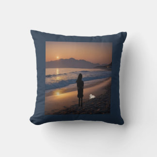 Evening with My Dog on the Beach Throw Pillow