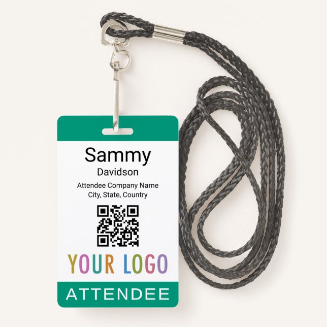 Event Attendee Badge QR Code Logo Emerald Green (Front with Lanyard)