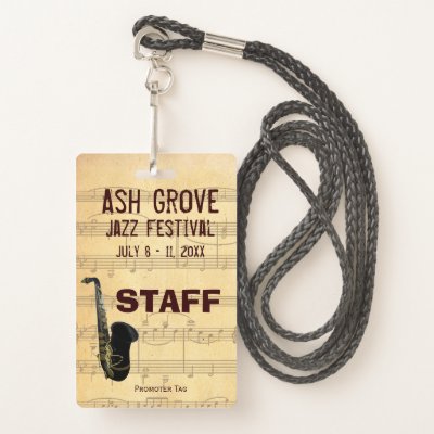 Customize your festival pass with details of venue, Ash Grove Jazz Festival, dates and access level; with lanyard or clip. Discount for bulk purchases.