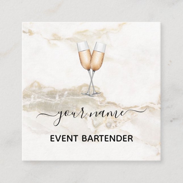 Event Bartender Champagne White Gold Marble Cream  Square Business Card (Front)