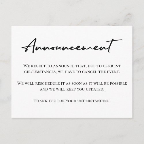Event cancellation black and white announcement postcard