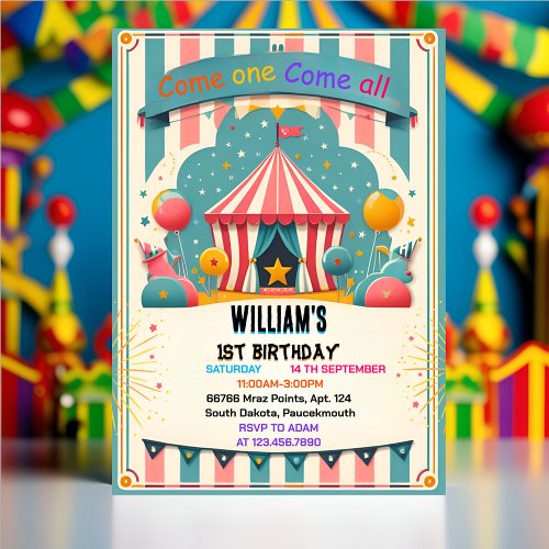 event cute kids Carnival Circus Show 1st Birthday Invitation