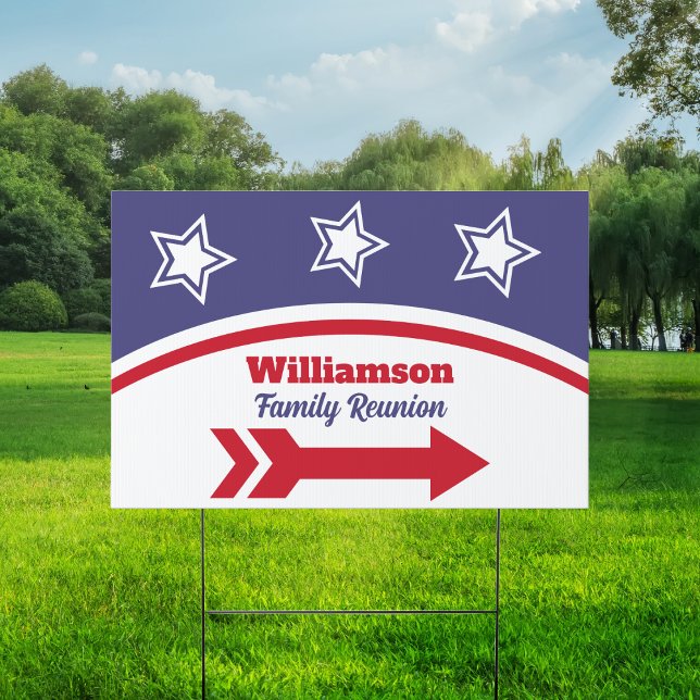 Event Direction Right Arrow Family Reunion Sign (Red White Blue Event Direction Sign. Family Reunion Picnic, 4th of July or other party)