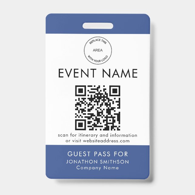 Event Logo QR Code Guest Pass Name Blue White Badge (Front)