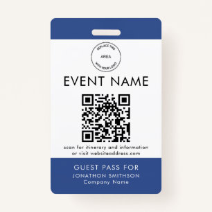 Event Logo QR Code Guest Pass Name Blue White Badge
