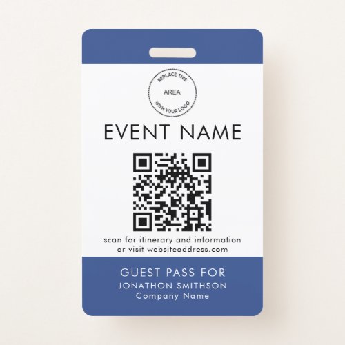 Event Logo QR Code Guest Pass Name Blue White Badge