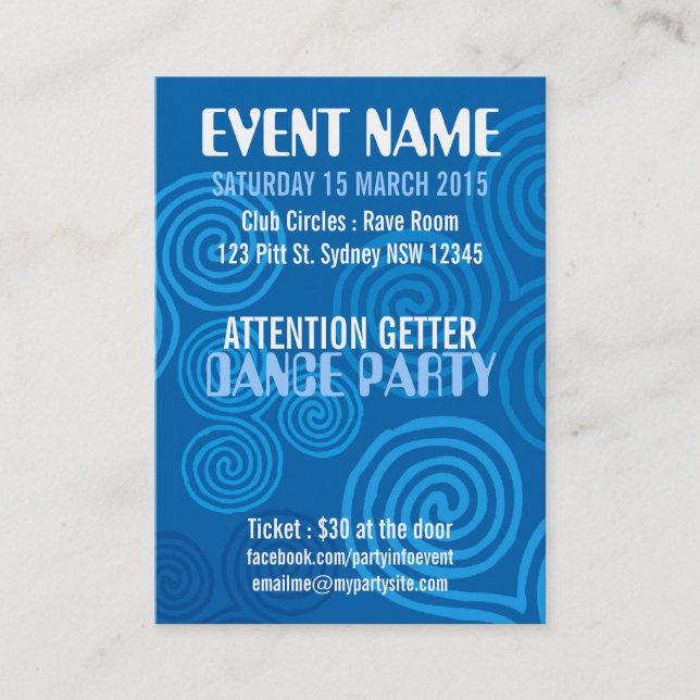 EVENT PARTY Blue Swirls Mini Flyers Business Card (Front)