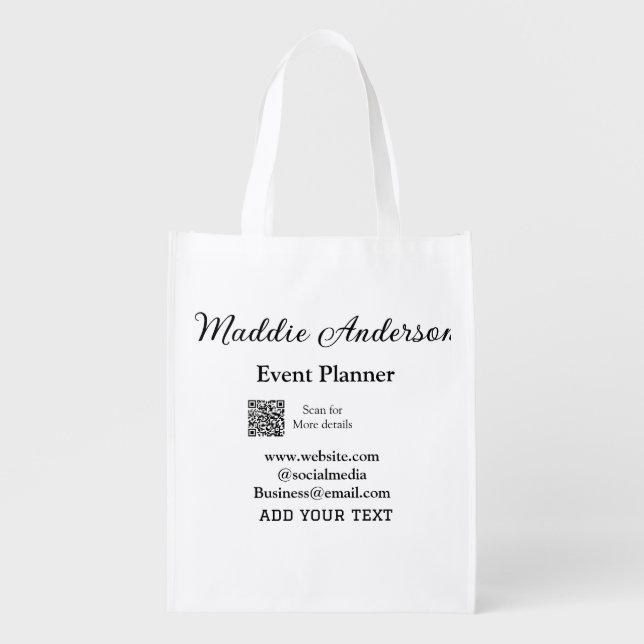 Event planner add name Q R code details website em Grocery Bag (Front)