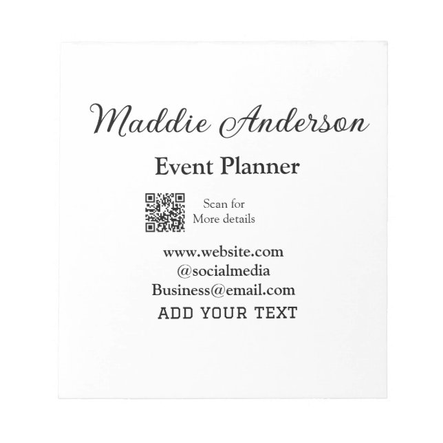 Event planner add name Q R code details website em Notepad (Front)