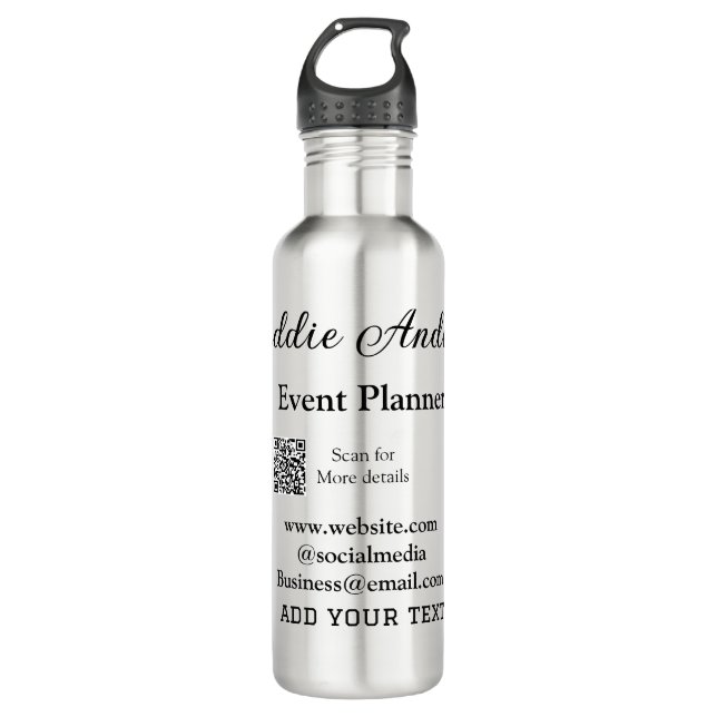 Event planner add name Q R code details website em Stainless Steel Water Bottle (Front)