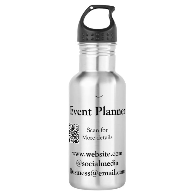 Event planner add name Q R code details website em Stainless Steel Water Bottle (Front)