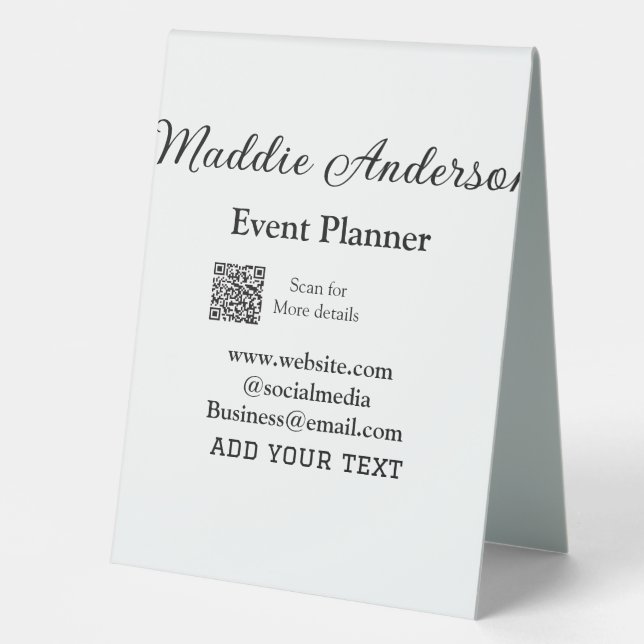 Event planner add name Q R code details website em Table Tent (Front)