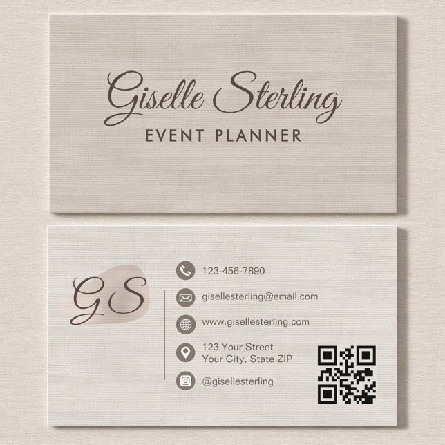 Event Planner Beige Linen Modern Elegant QR Code Business Card (Creator Uploaded)