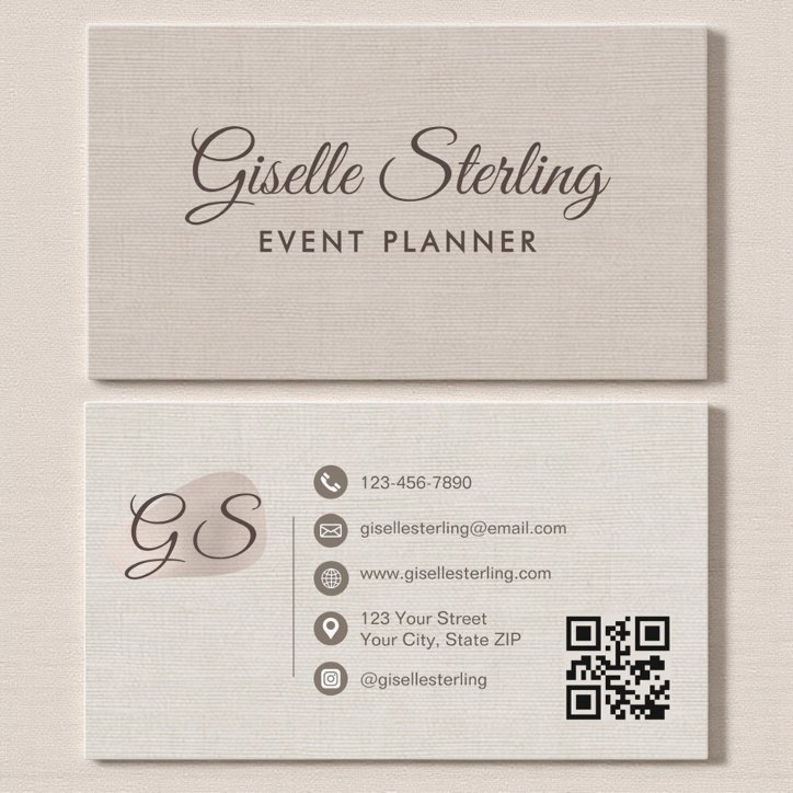 Event Planner Beige Linen Modern Elegant QR Code Business Card