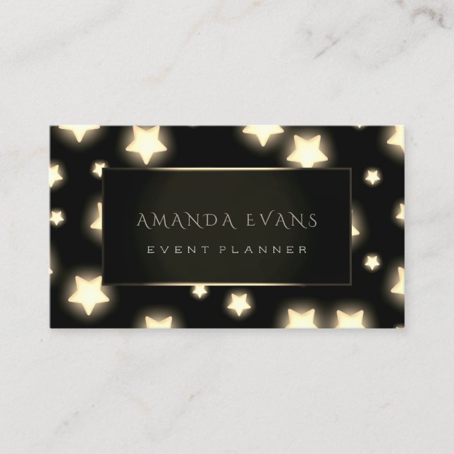Event Planner  Black Frame Stars Gold Spark Sepia Business Card (Front)
