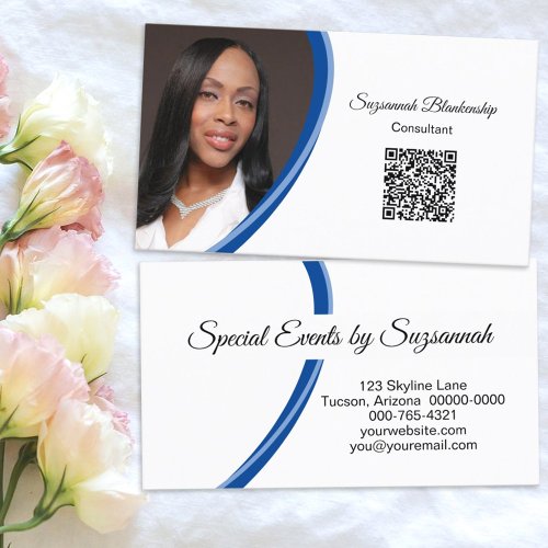 Event Planner Blue White Custom Photo QR Code Business Card