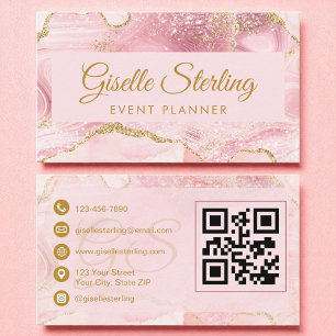 Event Planner Blush Pink Gold Agate QR Code Business Card