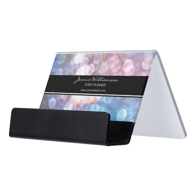 Event Planner • bokeh, sparkle lights, trendy Desk Business Card Holder (Angled Front)