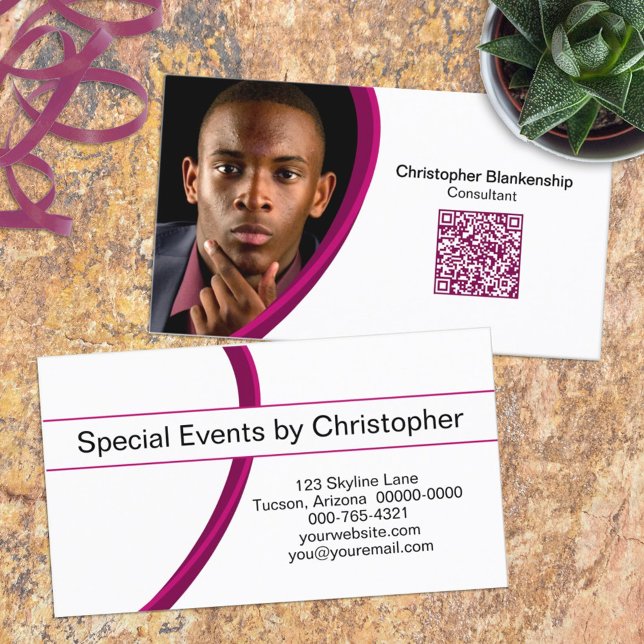 Event Planner Burgundy White Custom Photo QR Code  Business Card (Custom photo and qr code double sided business card template)
