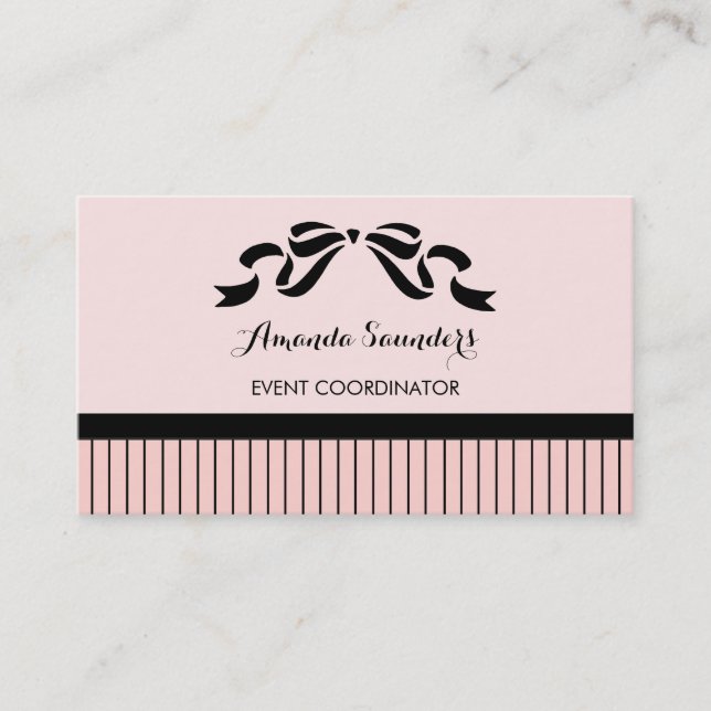Event Planner Chic Parisian Pink Pinstripes Bow Business Card (Front)