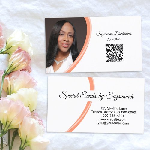 Event Planner Coral White Custom Photo QR Code Business Card