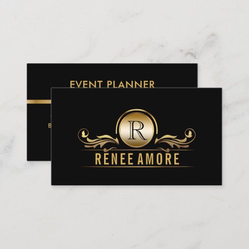 Event Planner  Elegant Gold Black Monogram Business Card