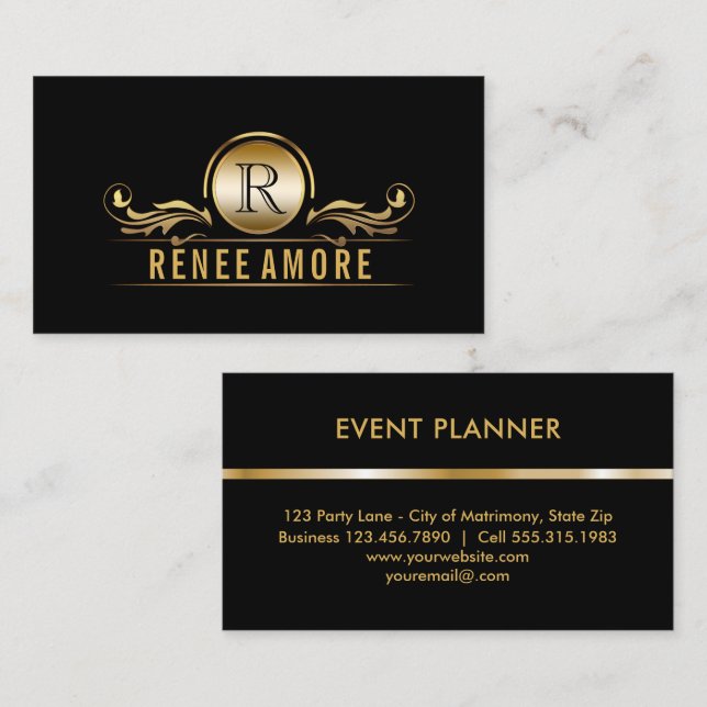 Event Planner | Elegant Gold Black Monogram Business Card (Front/Back)