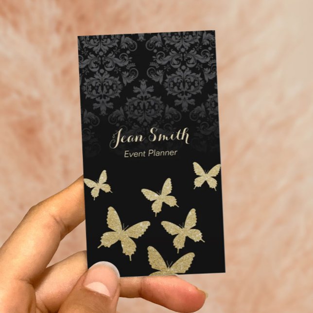 Event Planner Elegant Gold Butterflies Dark Damask Business Card (Creator Uploaded)